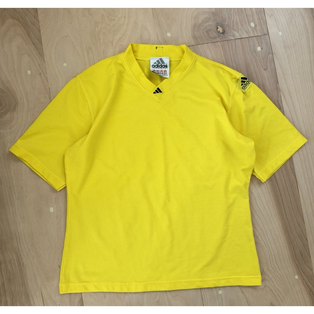 Vintage 90s Adidas Equipment Mesh Jersey Yellow V-Neck Short Sleeve Tee Size L